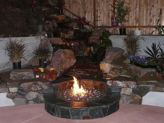 Waterfall and firepit