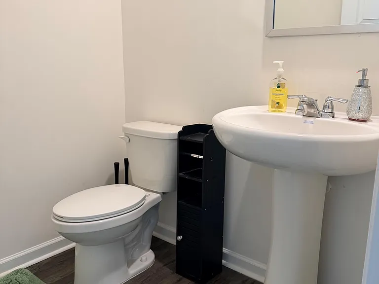 Clean half bath with pedestal sink, wall mirror, and vinyl flooring, plus a slim storage tower for toiletries.