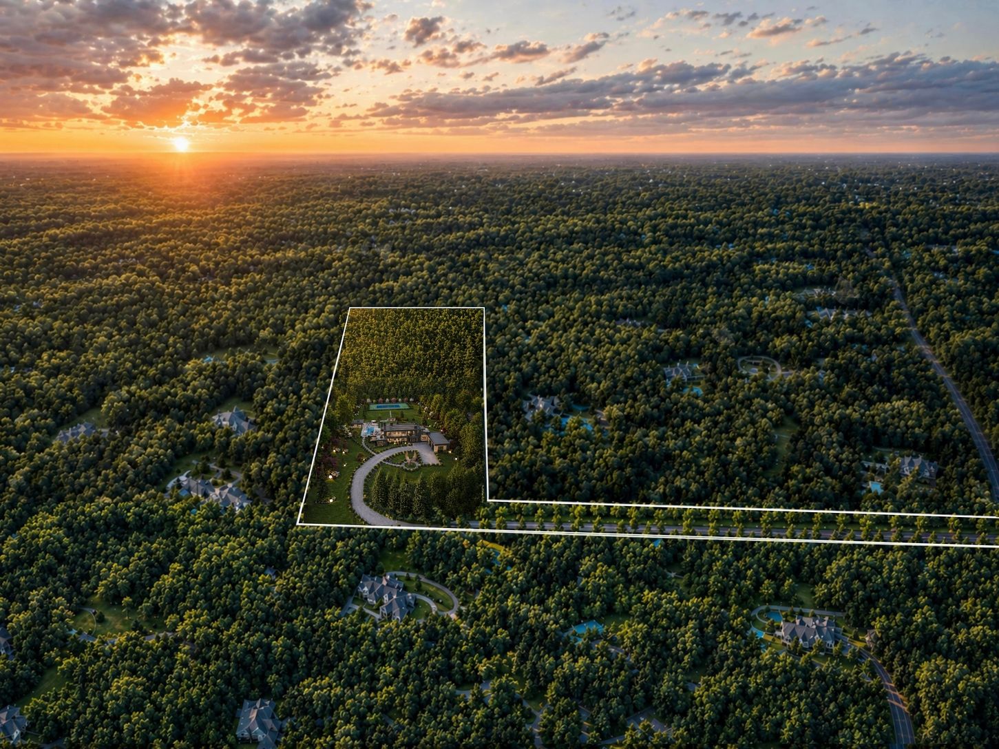  Expansive aerial perspective showcasing the property’s  scale, privacy, and serene setting.. 