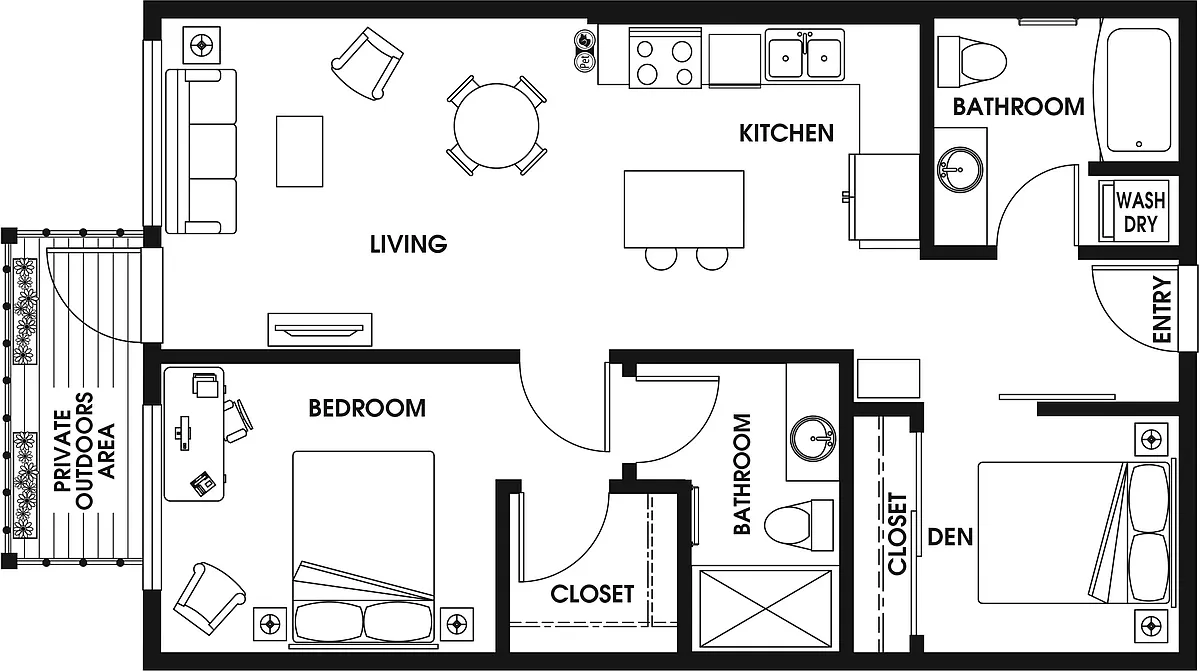 Floor plan 1 Bed/2 Bath Den-B7a_D2
