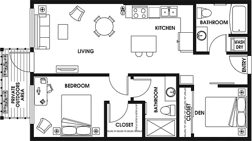 Floor plan 1 Bed/2 Bath Den-B7a_D2