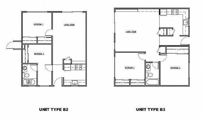 Floor plan 2 Bedroom 1 Bath Plan B2 & B3