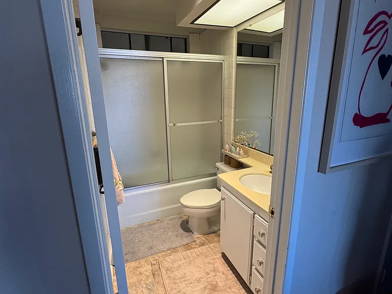 Guest bathroom includes bathtub, shower, sliding shower door, toilet, sink and vanity.