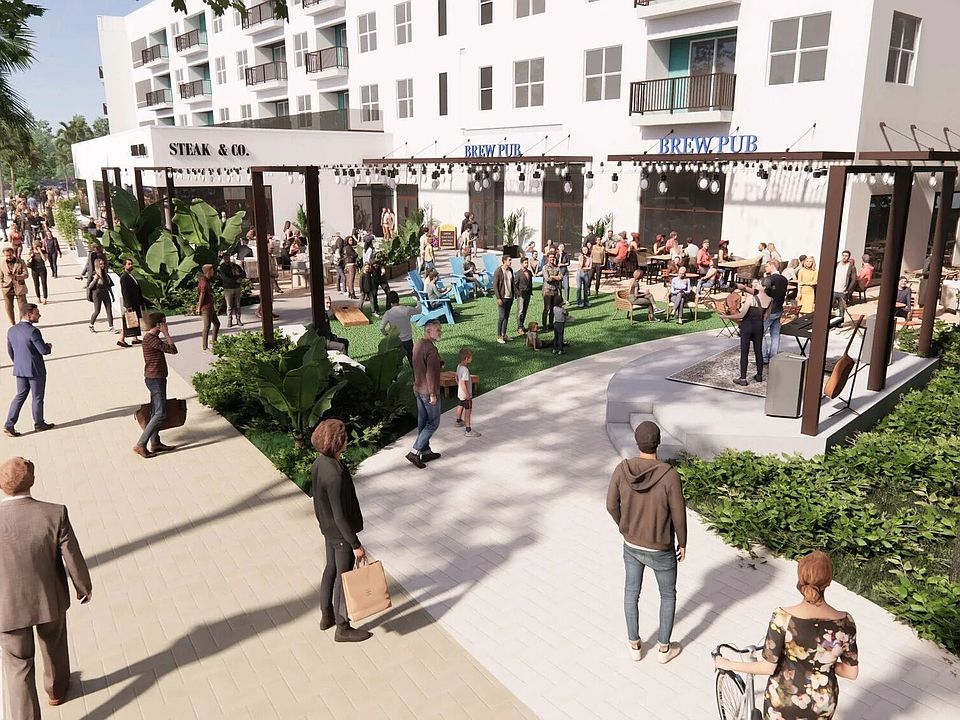 People hanging out in outdoor courtyard