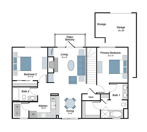 Floor plan 2BR 2BA (1212 SF)
