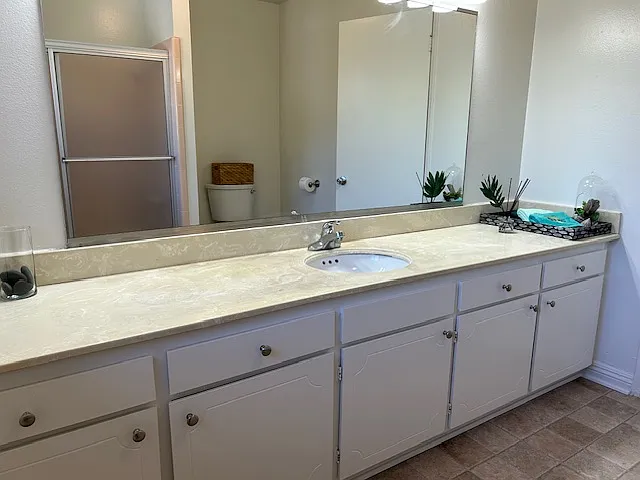 Another view of the hall bathroom, full mirrored wall and cabinets.