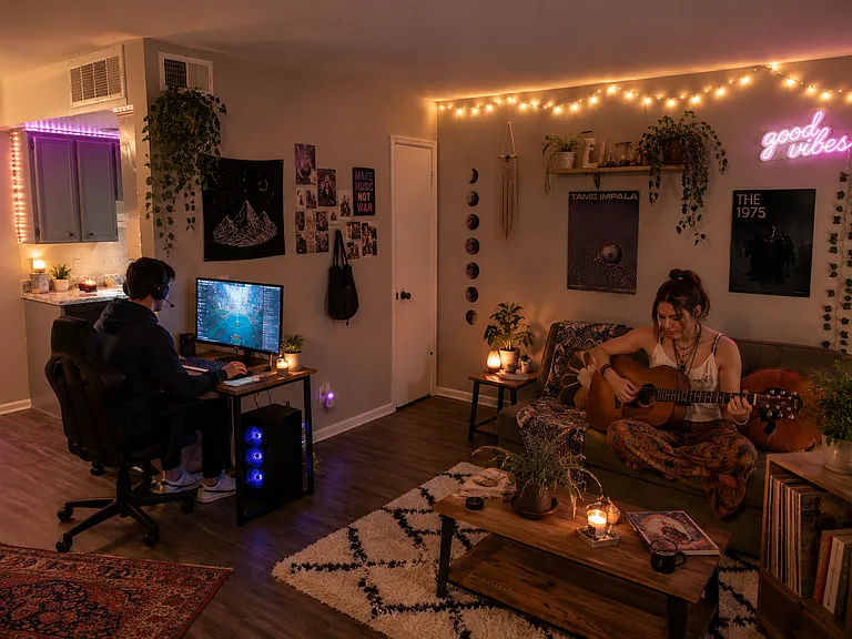 Cozy apartment living with space to work, relax, and create your own vibe.
