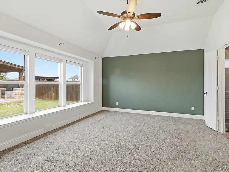 Spacious Master Bedroom featuring vaulted ceilings, a prominent accent wall, and plush carpeting