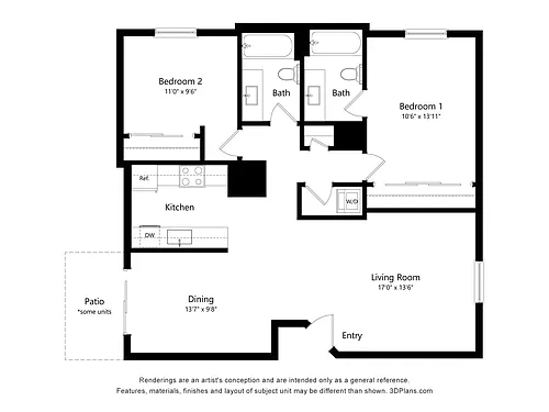 Floor plan 2 Bed, 2 Bath - 1140 N Columbus