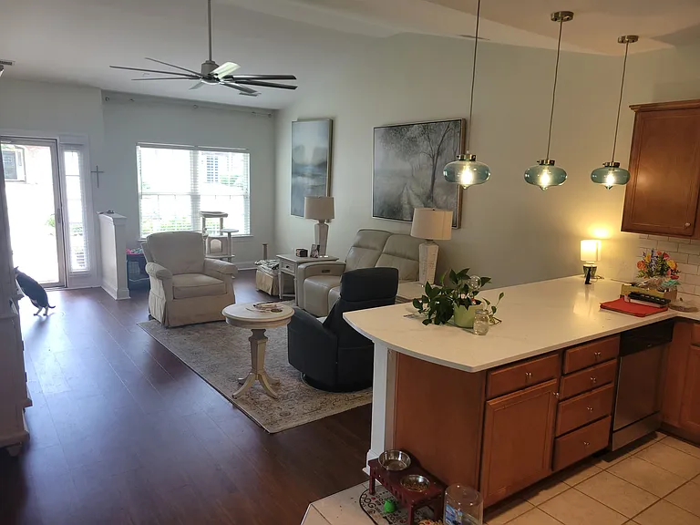 open concept living room, kitchen, dining room