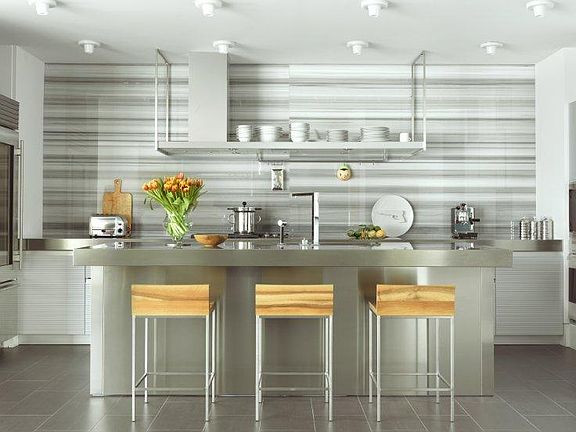 Kitchen w/ Olympia Striped Marble, stainless SubZero + Wolf + Dornbracht.