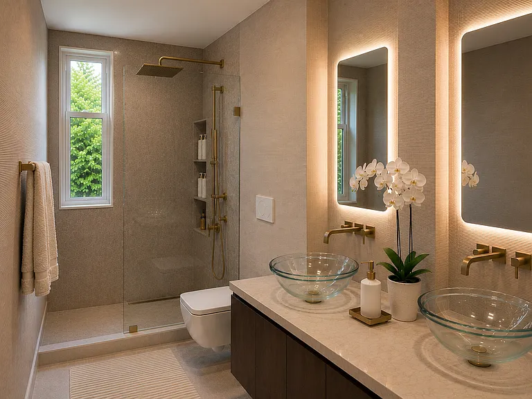 Completely remodeled bathroom with double sinks.