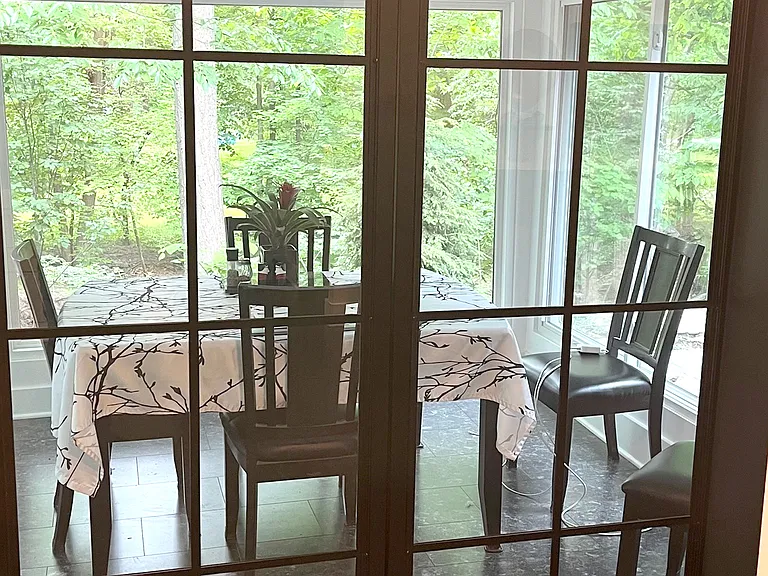 dining room with contemporary glass panel doors closed