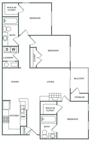 Floor plan Three Bedroom Two Bath (1,365 SF)