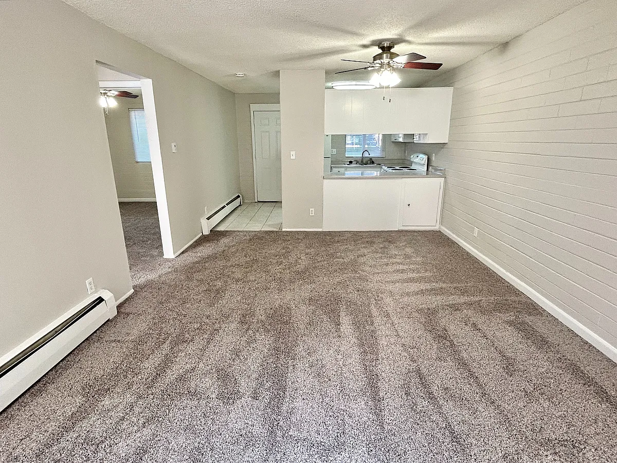 Inviting apartment living area with soft carpet, open transition to kitchen, and sleek ceiling fan for modern comfort. - Maple View