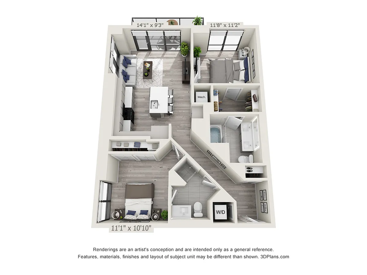 Floor plan Two Bedroom Two Bath (1,044 SF)