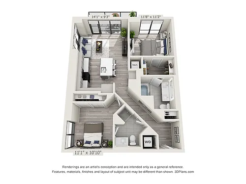 Floor plan Two Bedroom Two Bath (1,044 SF)