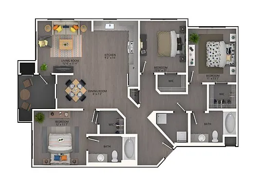 Floor plan Three BR Two BA C1