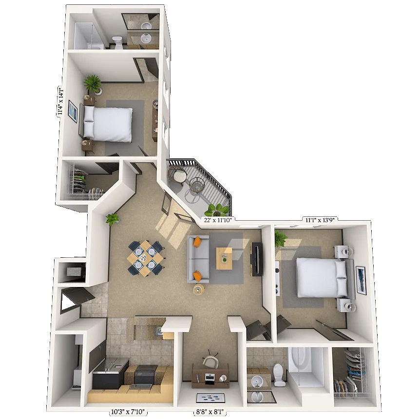 Floor plan Traditional 2x2 1063 SF
