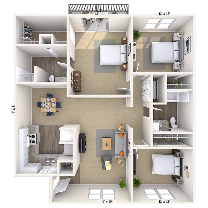 Floor plan 3BR 2BA (1200 SF)