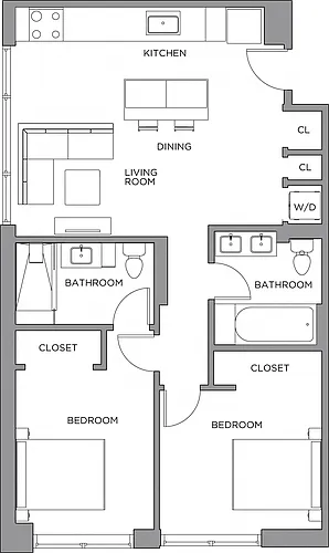 Floor plan 2 Bed/2 Bath-900