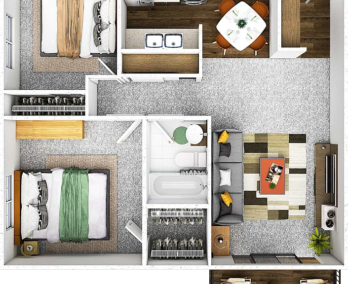 2 Bed 1 Bath A Floorplan Diagram