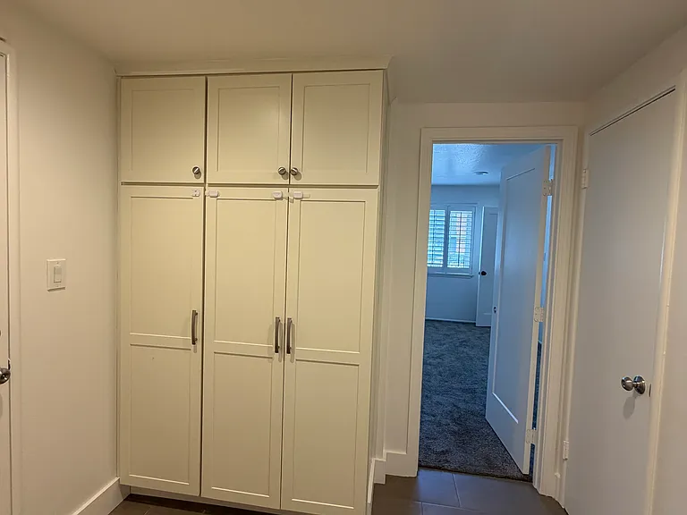 Storage cabinets between downstairs bedroom/flexroom and bathroom