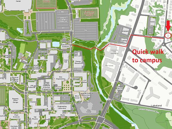 5 minute walking path to campus