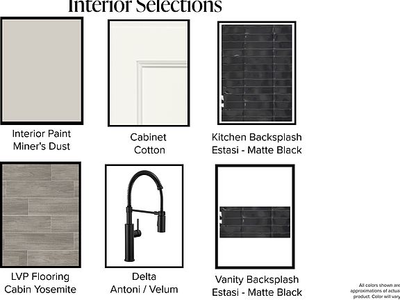 A selection board showing paint, cabinet, backsplash, flooring, and faucet options, featuring neutra