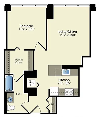Floor plan 1 bedroom / 1 bath (T04)