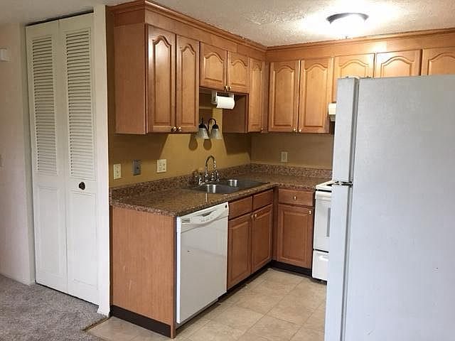 Kitchen with stove, refrigerator and dishwasher.