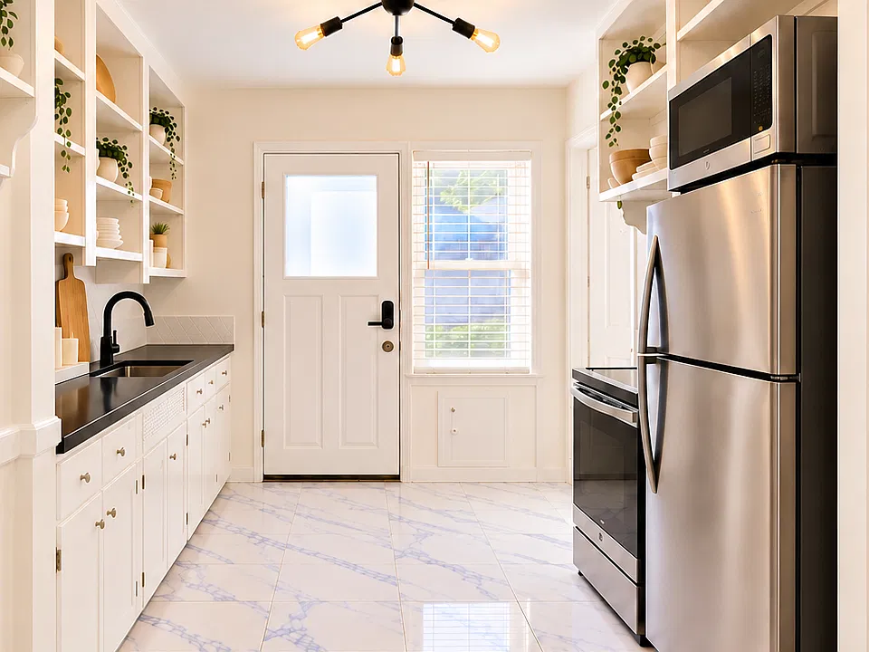 Exterior rear door access from the kitchen.