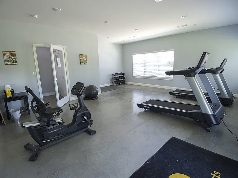 Inviting home gym with modern equipment, including treadmills and recumbent bike, bathed in natural light.
