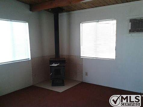 Wood burning stove in living room and large windows.