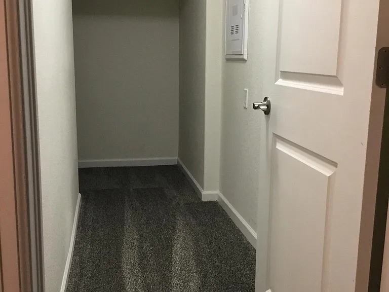 Under stairs storage in basement with light and access panel for internet set up....