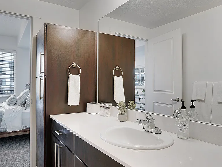 Modern bathroom vanity with additional storage and clean finishes.