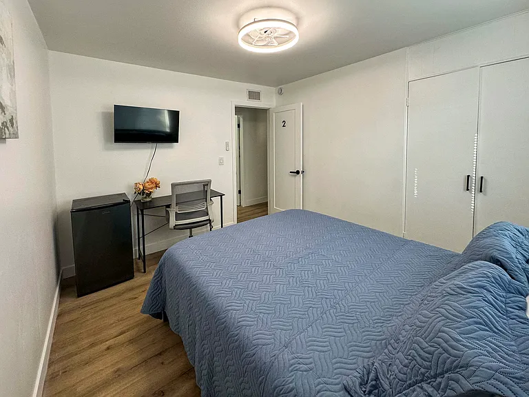 Fully furnished: queen bed, TV, mini-fridge, desk, and large closet.