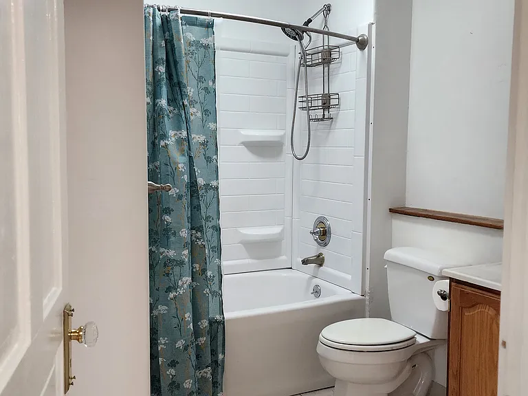Front bathroom showing the shower bath tub