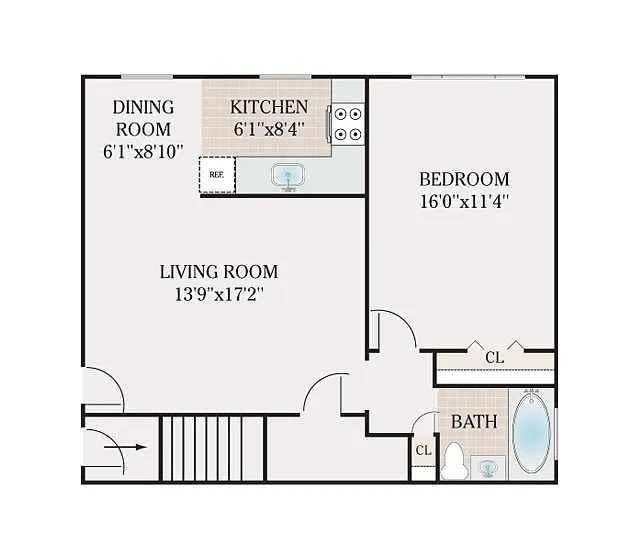 Floor plan 1 Bed 1 Bath (1A)