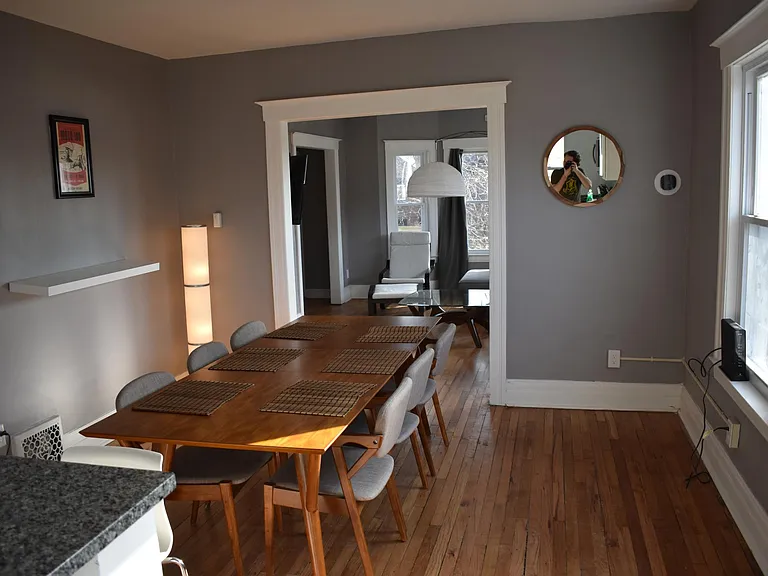 View of the dining room from the kitchen (please note: furni