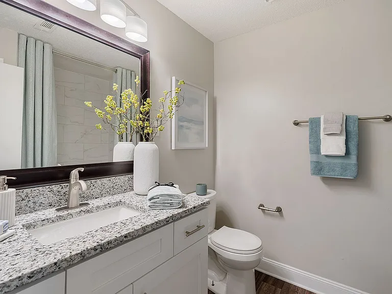Bright bathroom with granite counters and bathtub
