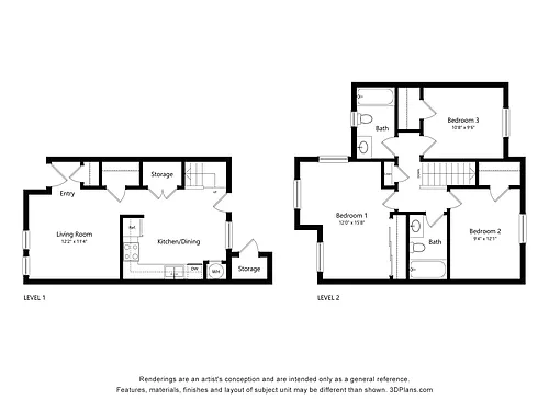 Floor plan 3 Bedroom, 1 Bath 45%