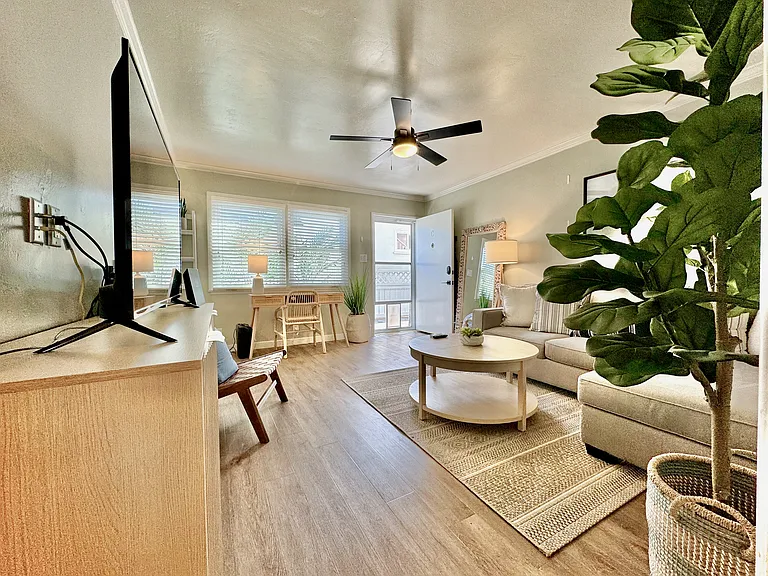 Comfortable living area with workspace, ceiling fan, air conditioning/heater mini split, wifi, and Roku TV with Netflix and Hulu