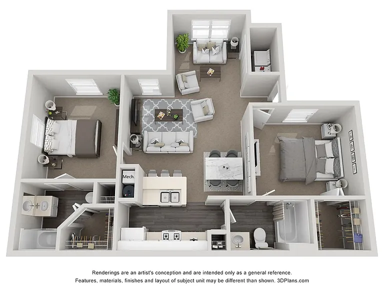 A 3D rendering of The Gardenia, our two bedroom two bathroom floor plan
