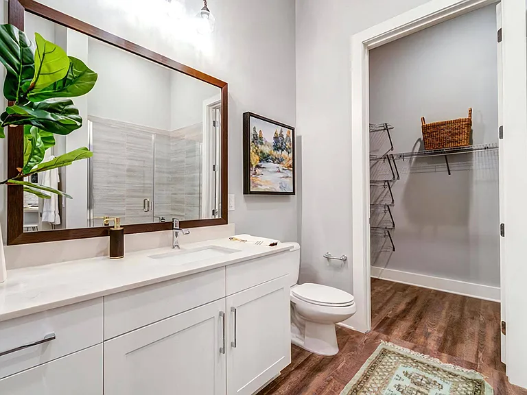 Bathroom with Wood-Style Flooring, Glass Shower, and Spacious Closet Entry