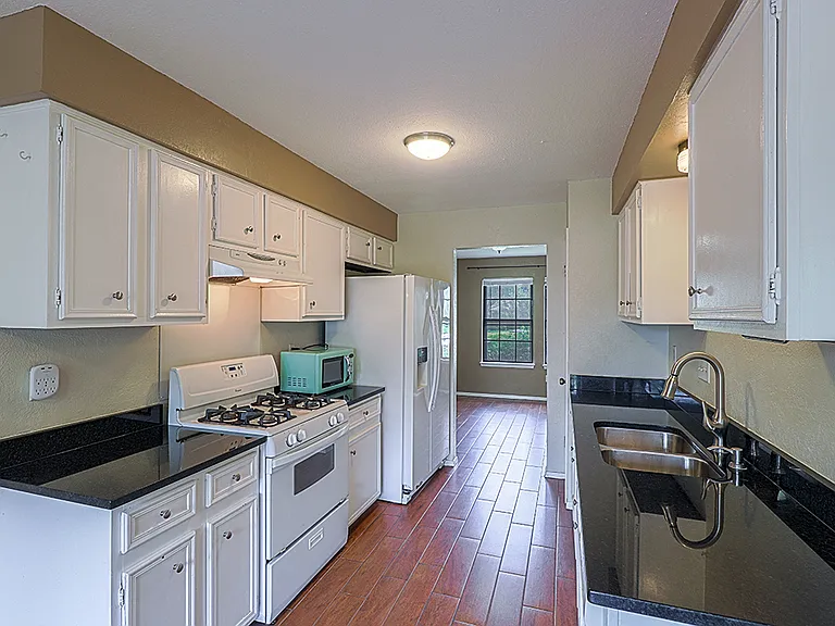 Kitchen area, microwave, dishwasher, large two door fridge.
