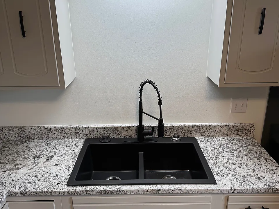 Black Ceramic Double Sink, Commercial style faucet, Upgraded Granite