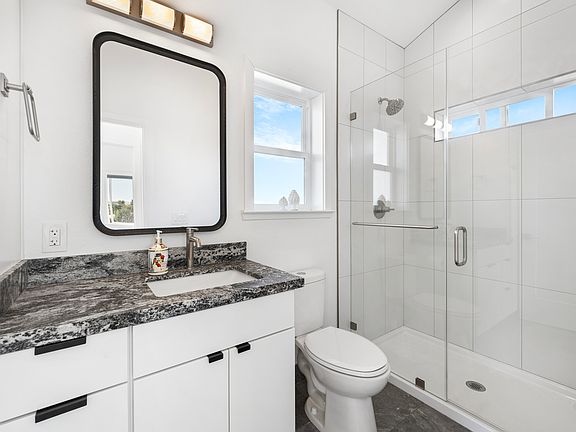 Bathroom, glass walk in shower