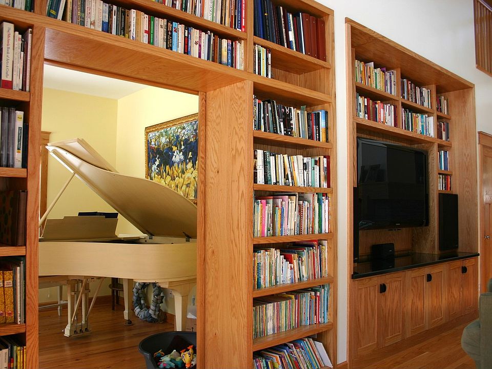 Book shelves into music room