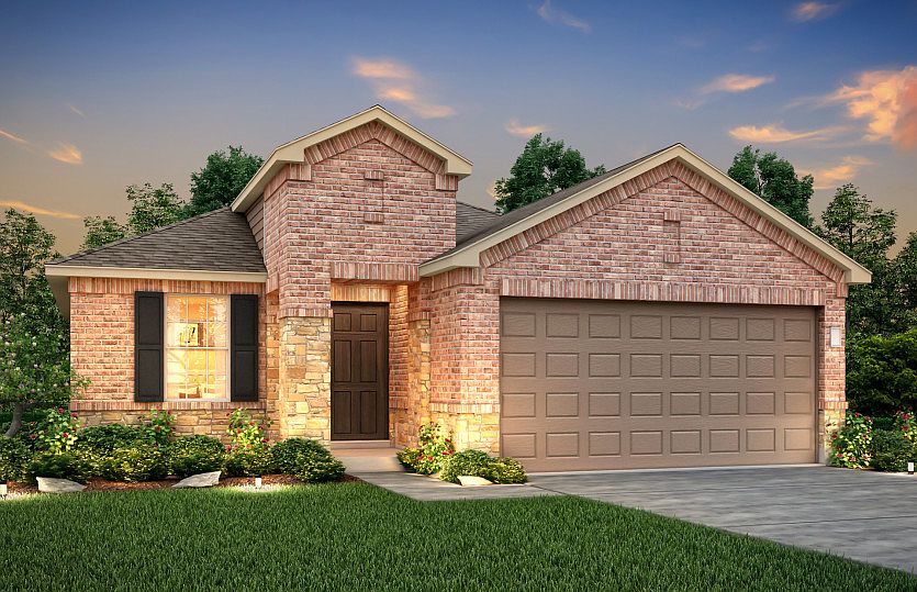 The Hewitt, a one-story home with 2-car garage, shown with Home Exterior Q
